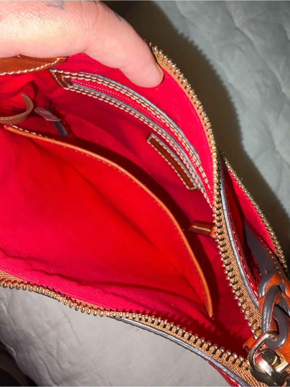 Dooney & Bourke Red Pebbled Leather Crossbody with Brown Strap